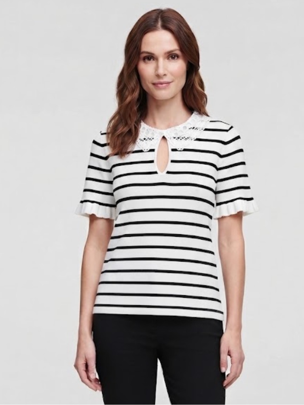 Karl Lagerfeld Black & White Striped Lace-Collar Short Sleeve Top